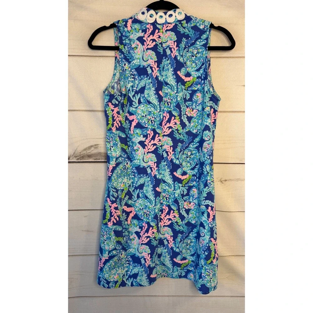 Lilly Pulitzer Womens Blue Pink Sea Turtle Coral Shift Dress Lace Trim Size 2